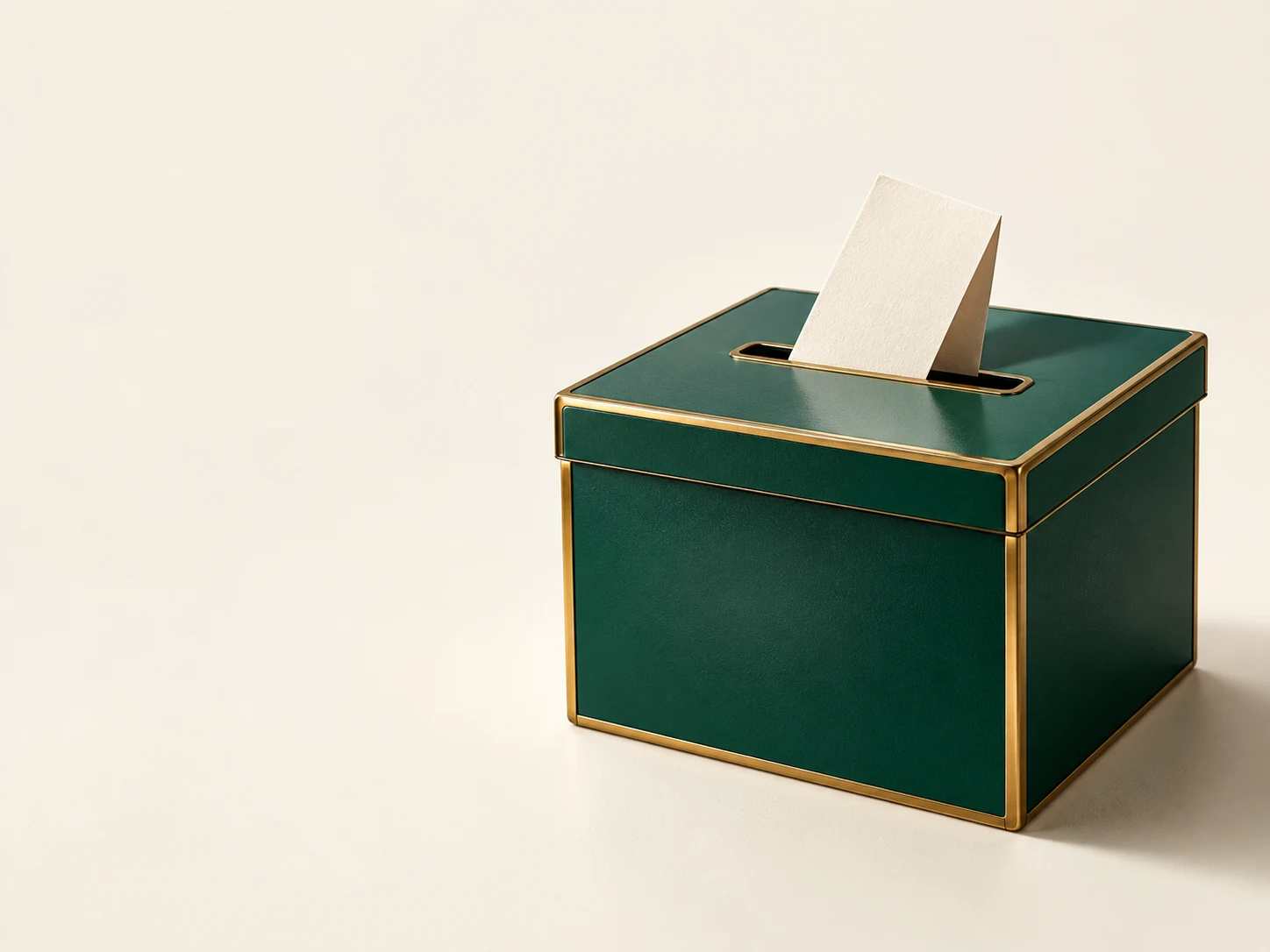 A green enamel ballot box with brass trim and a cream slip in its slot
